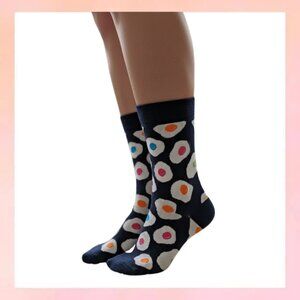 Happy Socks Navy Blue Fried Egg Pattern Crew Socks | Size W 5.5-9.5 | NWT